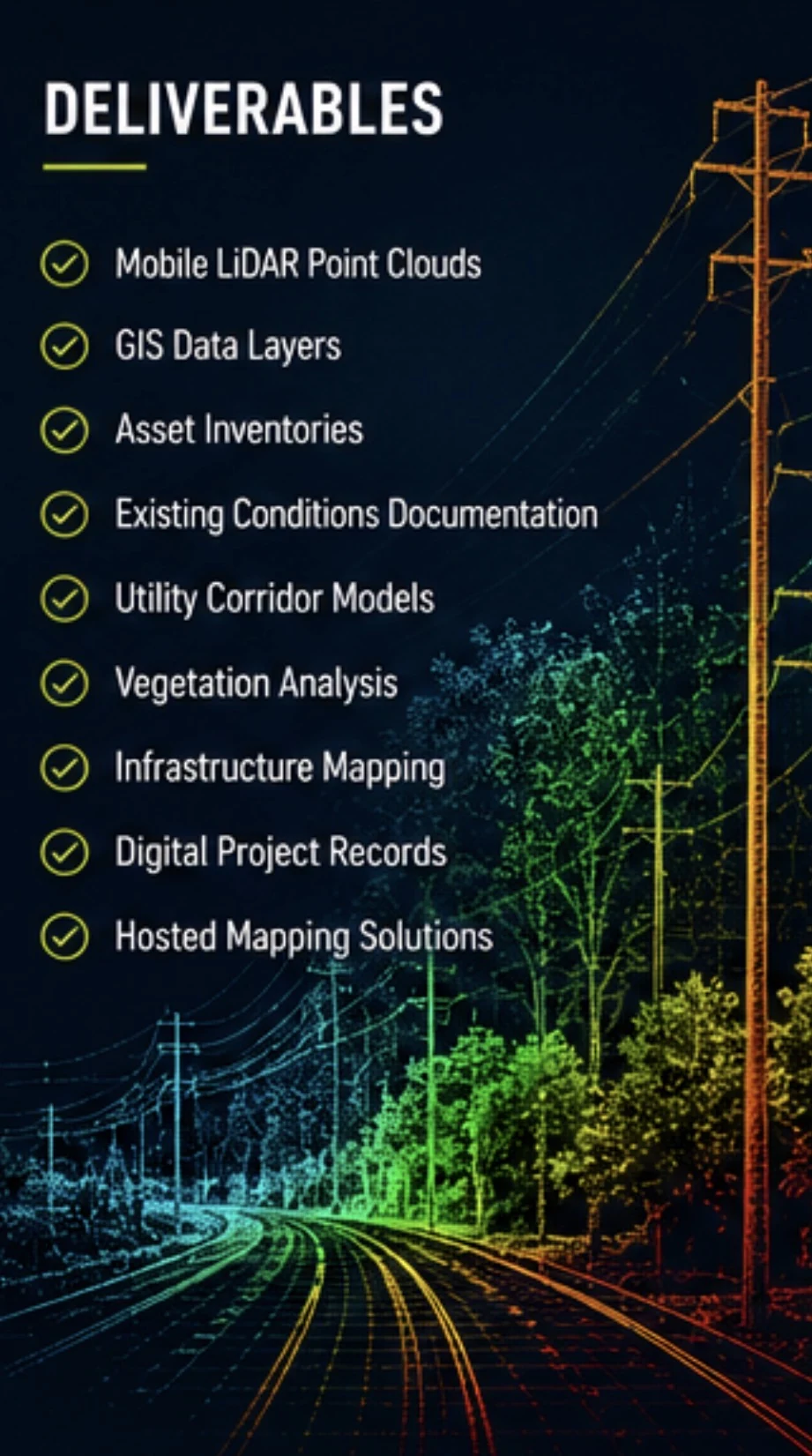 LineScan deliverables including mobile LiDAR point clouds, GIS layers, asset inventories, condition documentation, corridor models, vegetation analysis, and hosted mapping